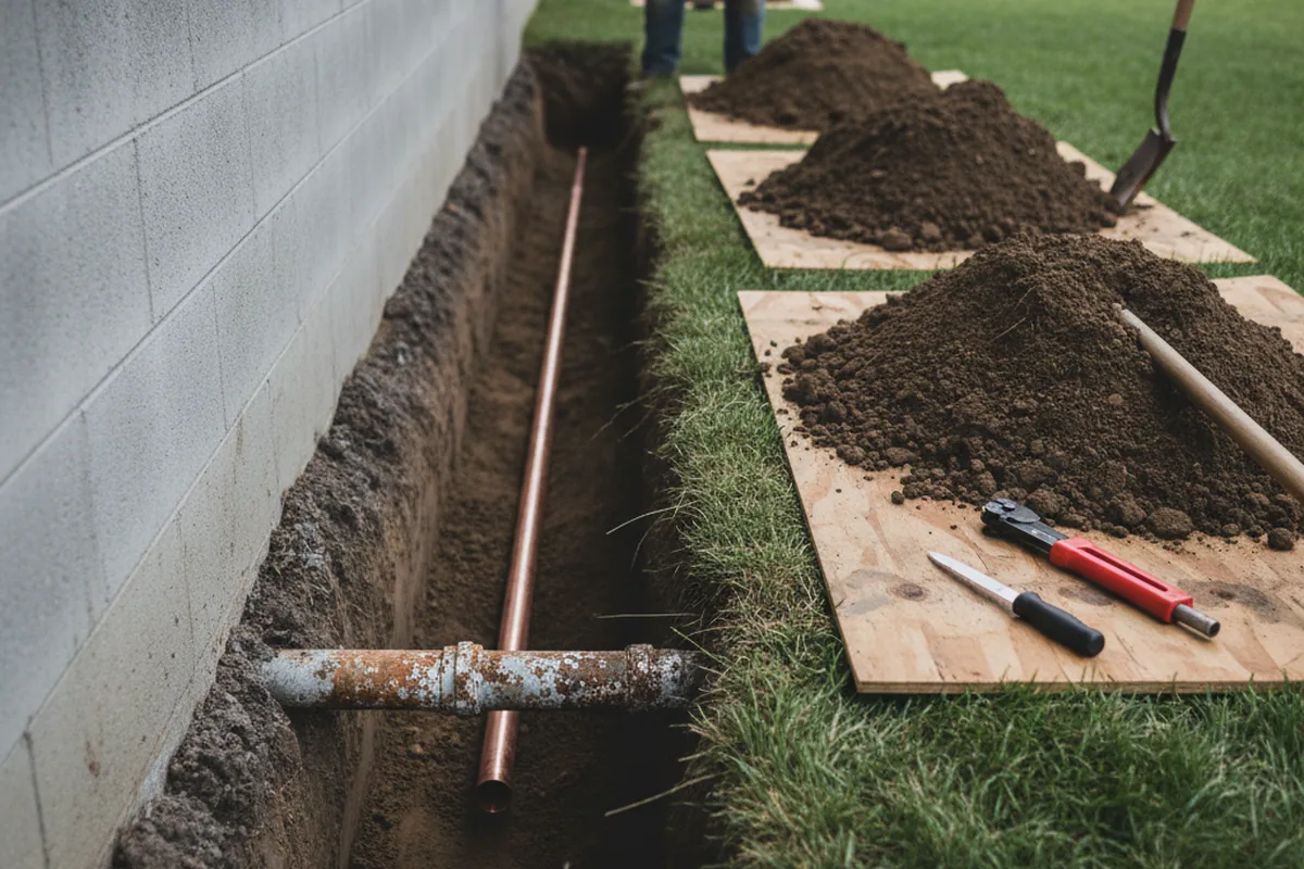 Excavated water line trench during Water Heater Repair in Saint Petersburg